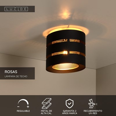 Lucide ROSAS - Lámpara de techo - Ø 26 cm - 1xE27 - Negro